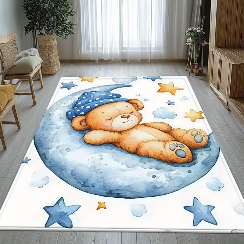 Bellissimo tappeto per aree non scivolanti con stampa di orso addormentato, luna e stelle in acquerello, morbido, confortevole, per giochi di bambini, asilo nido, camera da letto, sala giochi