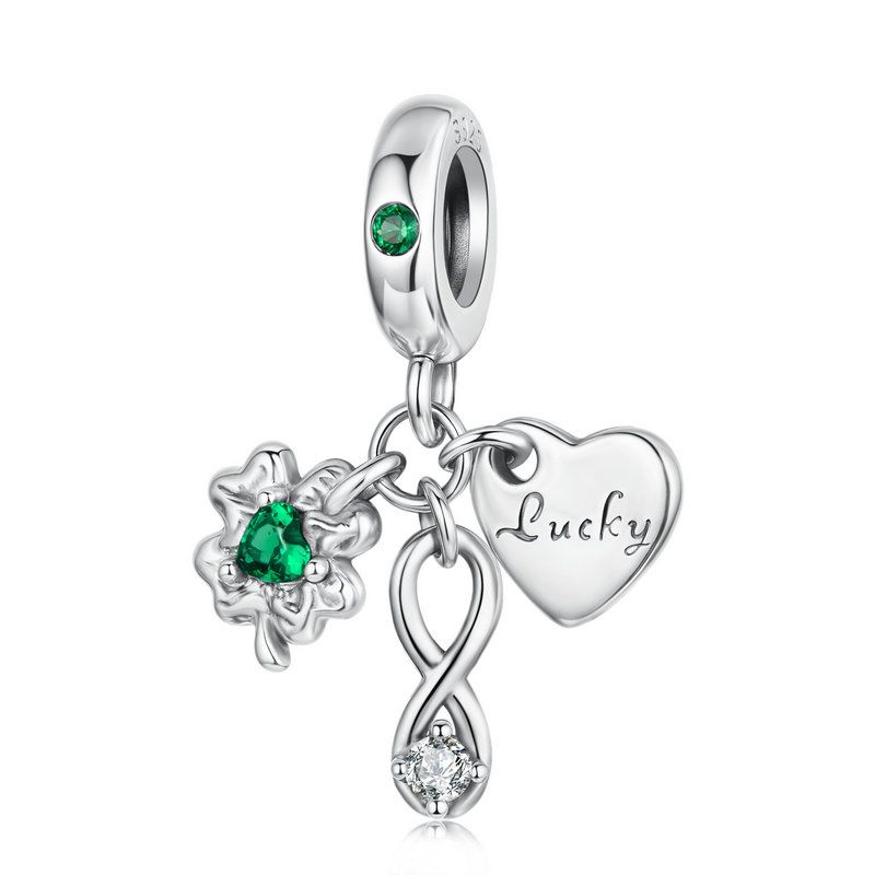 WOSTU 925 Sterling Lucky Green Four-leaf Clover Charm Pink Heart Pendant Faith Cross Bead Fit Bracelet Necklace Gift mom Family
