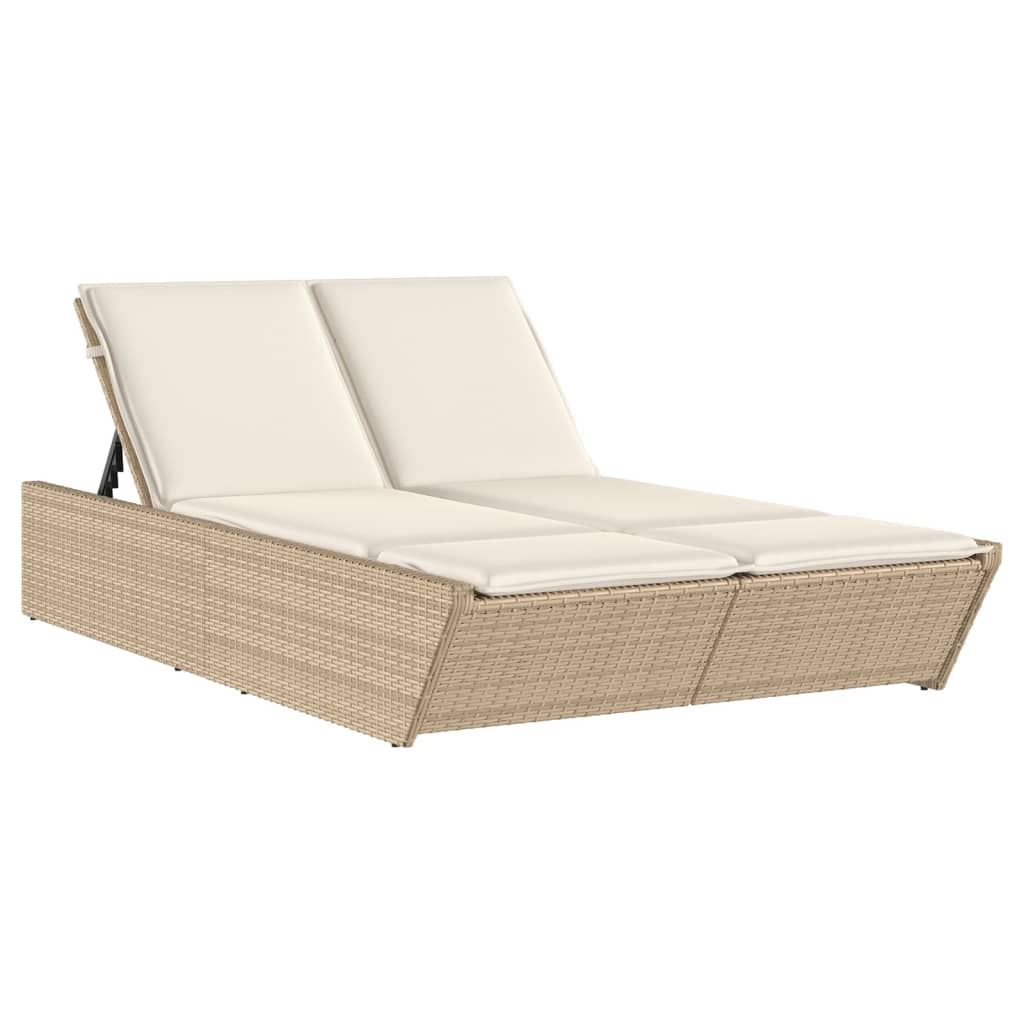 Doppel-Sonnenliege mit Kissen Beige Poly-Rattan