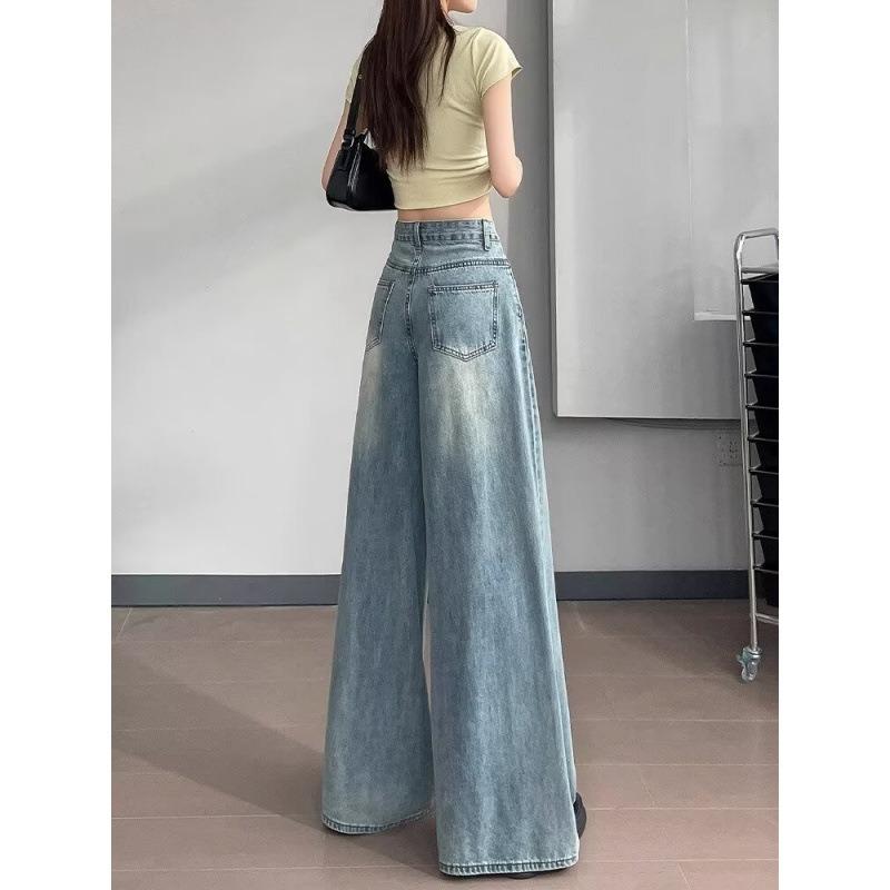 Light Blue Wide-leg Jeans Women's Summer Thin Large Size Loose Straight High Waist Drape and Thin Floor Pants