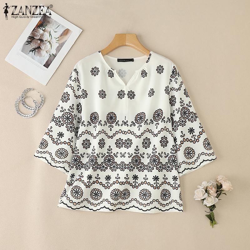 

ZANZEA Women Casual V-Neck 3/4 Sleeve Loose Floral Print Blouse M красный