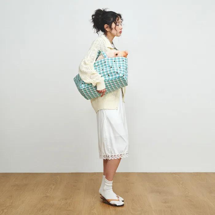 [Director Pick] FREAKY EYELET SHOPPER BAG, GREEN CHECK