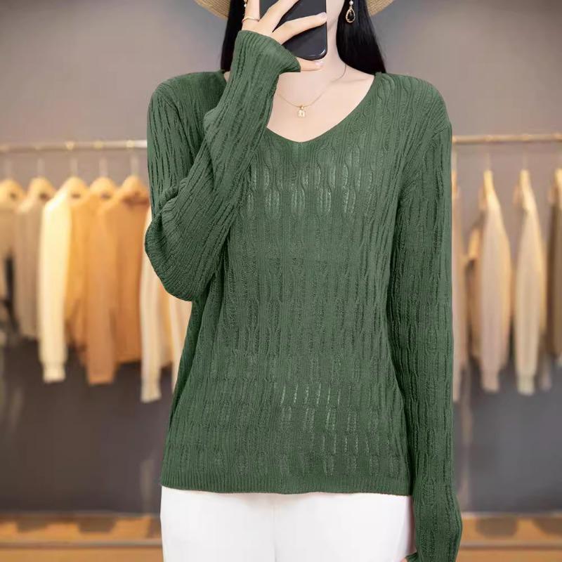 Autumn Thin Women's Fine Imitation V-neck Knitted Sweater Women's Long-sleeved Hollow Bottoming Shirt Women's Batch