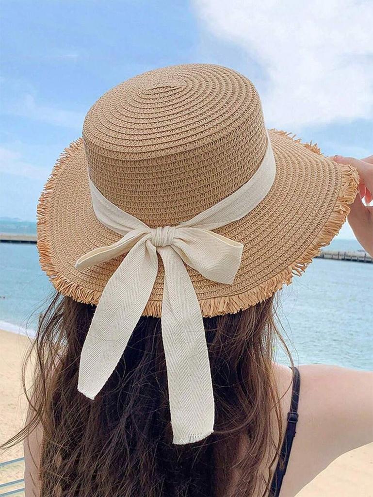 Womens Straw Sun Hat With Black Bow Decor Bohemian Beach Travel Hat