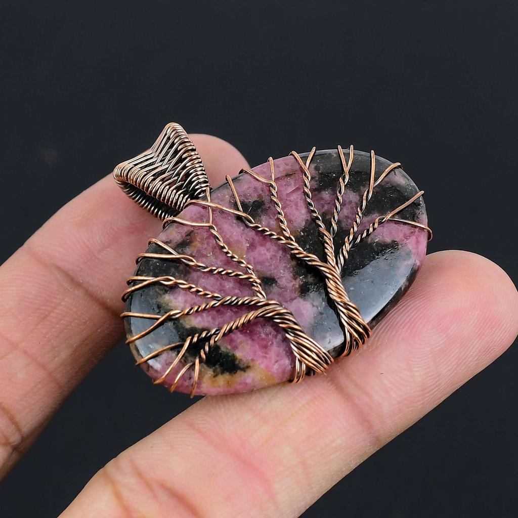 Rhodonite Gemstone Pendant | Oxidized Copper Wire Wrapped | Necklace Pendant | Handmade Copper Pendant Jewelry Gift For Her/himLC-306