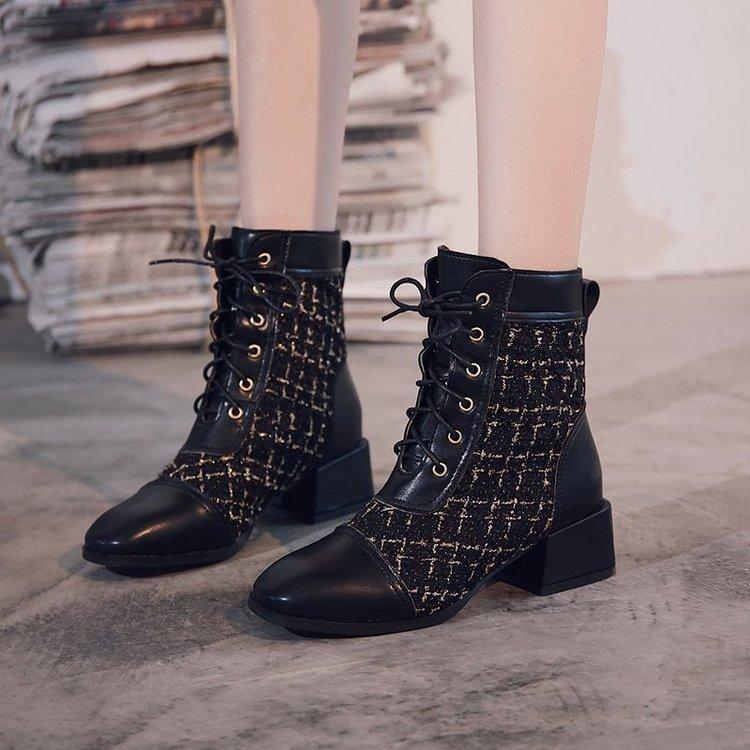 Square Front Lace Up Mesh Red Thick Middle Heel Fashion Versatile Fashion Boots
