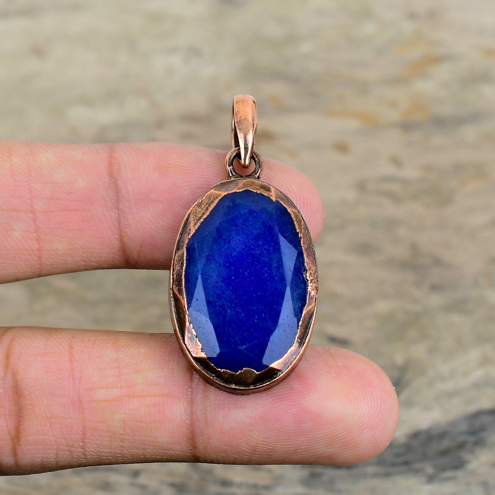 

Граненый кулон из синего сапфира, кулон из электроформованной меди, украшения из натуральных драгоценных камней, кулон ручной работы, красивые медные украшения, подарки для нее