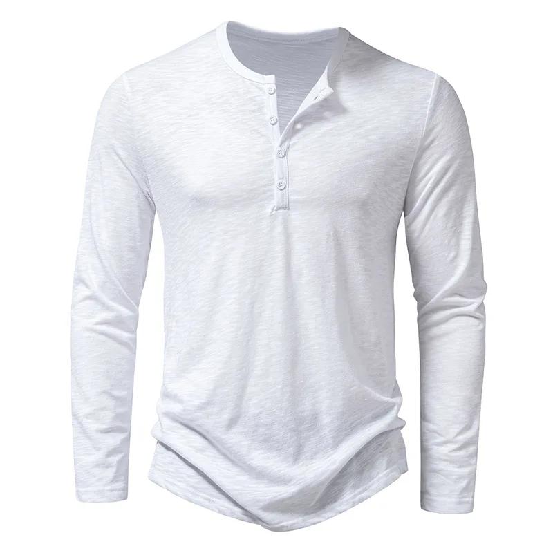 Autumn New Men'S Cotton Button Long Sleeve  Henley Neck T-Shirt Casual Solid Color Breathable Versatile Fashion Slim T-Shirts