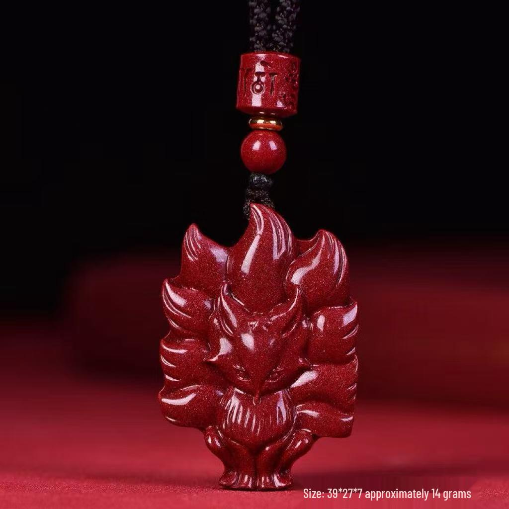 Cinnabar Zisha Red Nine-Tailed Fox Pendant Necklace & Keychain Charm