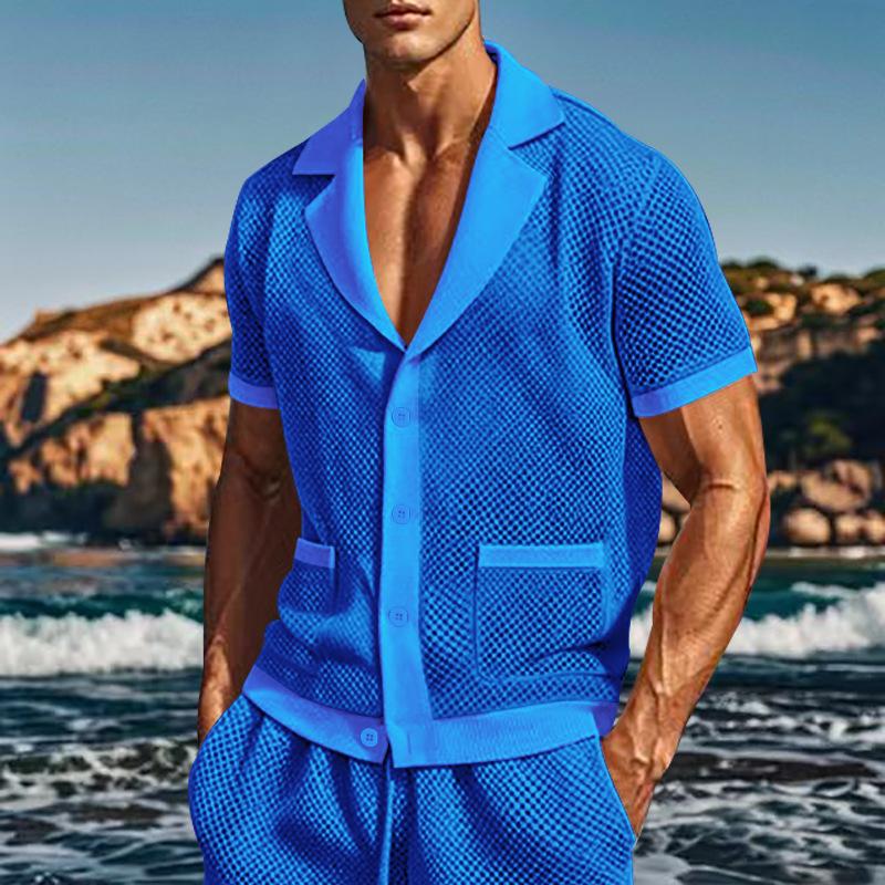 Completo 2 Pezzi da Uomo Estivo Traspirante in Rete con Colletto a Rever T-Shirt e Set di Pantaloncini Design Fresco Sexy con Tessuto Forato Abbigliamento da Spiaggia