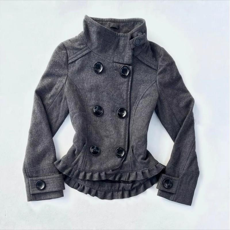 Womens Y2K Wool Blend Coat Short Fitted Ruffled Hem Double Collar Street Style Winter