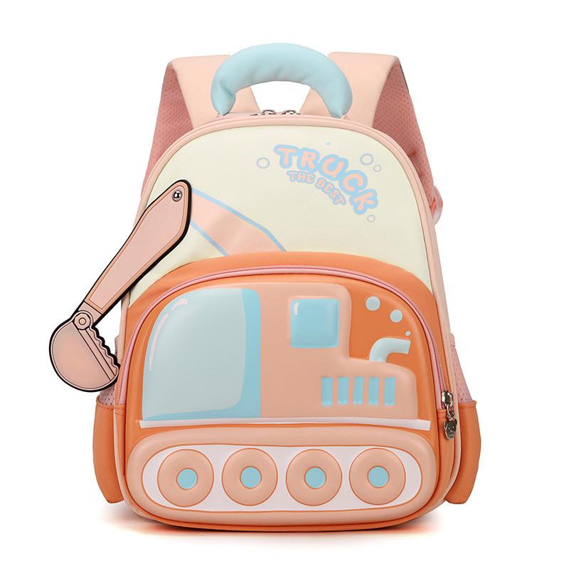 Backpack Cartoon Childrens With Excavator Design And Letter Print For Daily Use