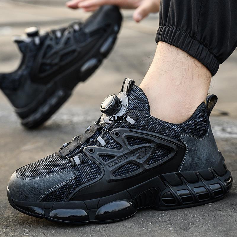 Zapatos de seguridad con botón giratorio para hombre, zapatillas con punta de acero, zapatos de trabajo con cojín de aire, botas de seguridad protectoras para el trabajo a prueba de perforaciones