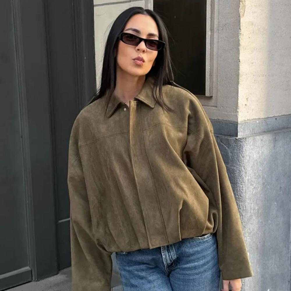 Women Suede Jacket Loose Casual Bomber Coat Lapel Zipper Long Sleeve Jackets Vintage Lady Motorcycle Outwears