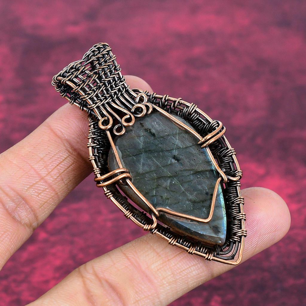 Labradorite Pendant Copper Wire Wrapped Rainbow Moonstone Pendant Gemstone Jewelry