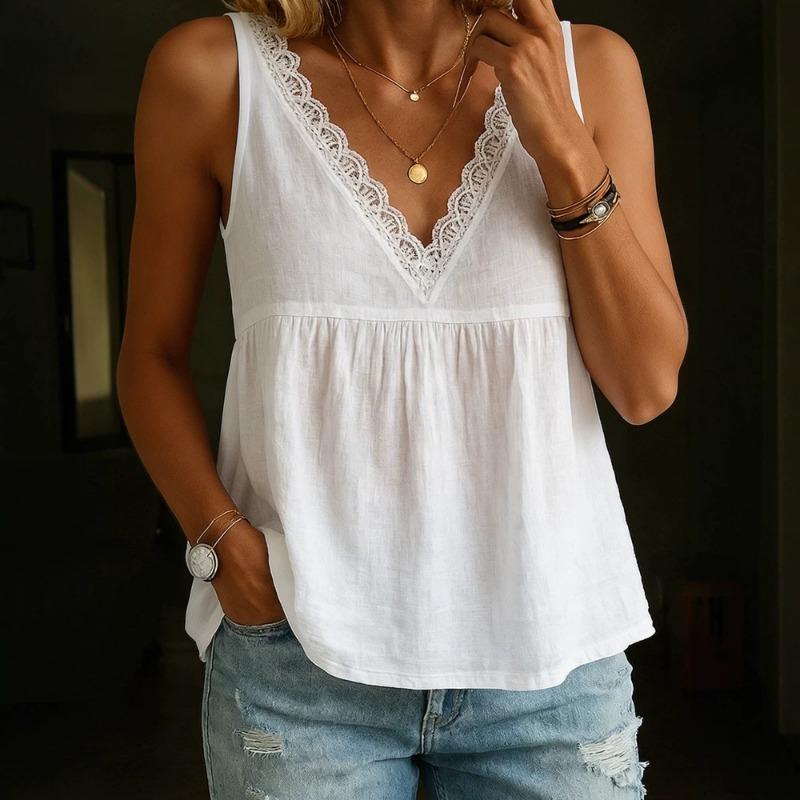 Solid Color V Neck Sleeveless Lace Trim Ruched Loose Women Tank Top