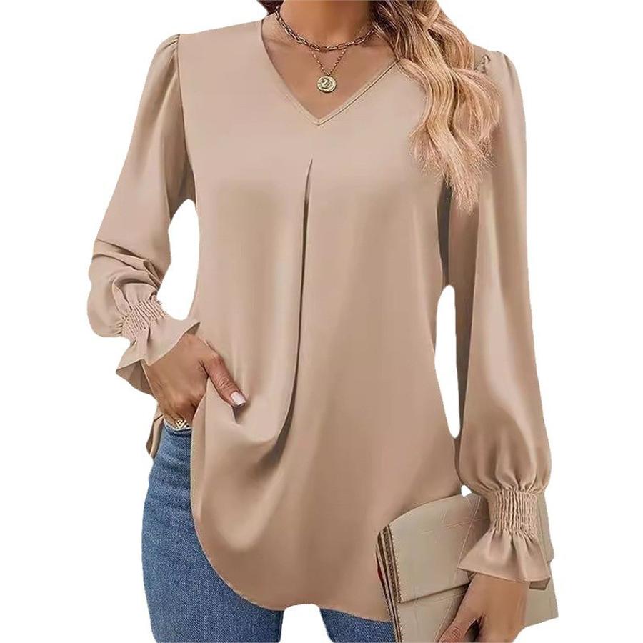 Women's Fall New Arrivals Solid Sheer Chiffon Shirt V-Neck Sleeveless Bell Sleeve Long Sleeve Top Blouse