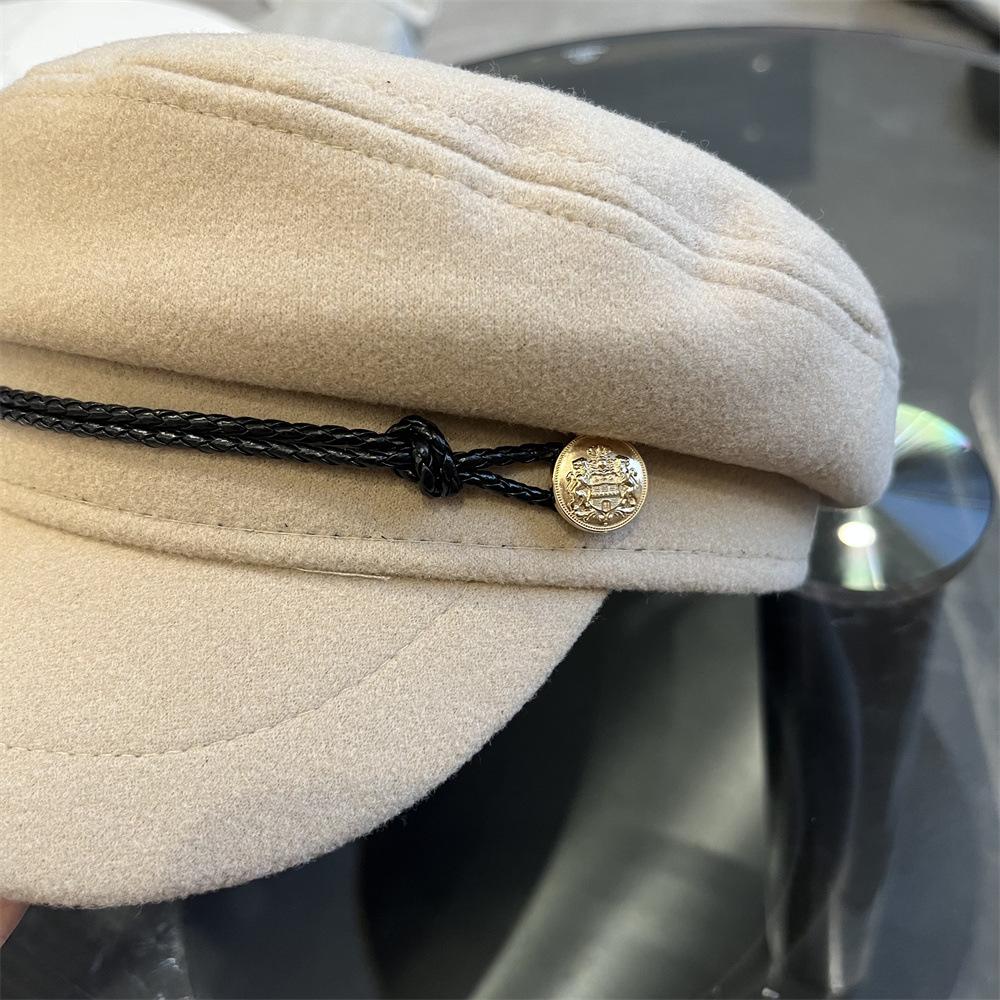 Octagonal Hat Children's Autumn and Winter Fashion Versatile Painter Hat British Retro Leather Rope Flat Top Hat