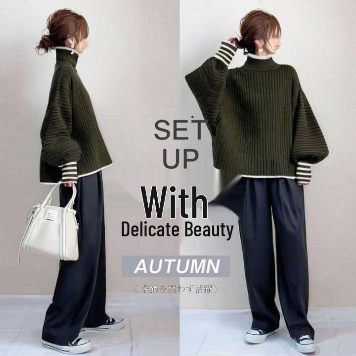 

Japanese 2026 Autumn/Winter Color Block Patchwork Sweater and Straight Leg Pants Set Medium