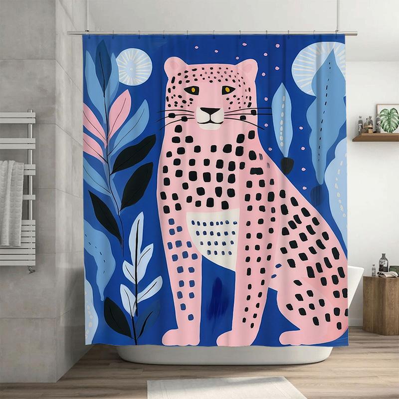 

Animal Print Shower Curtain: Pink Leopard With Blue Background Perfect For Bathroom Decor! W60H190(CM)-1 Pcs