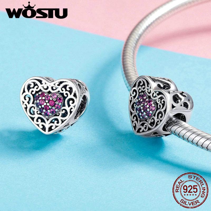 WOSTU European Love 925 Sterling Silver Heart Charms CZ Bead Fit Original Bracelet Pendant Charm Silver 925 Jewelry Gift CQC1109