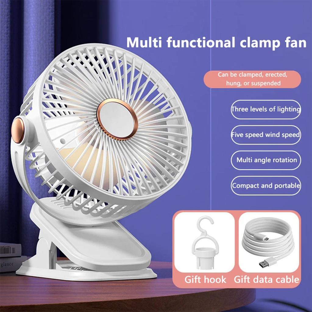Small Fan 5-Speed Adjustable & 3-Mode Night Light USB Rechargeable Mini Fan for Outdoor 360° Rotatable Clip/Stand/Hang Design