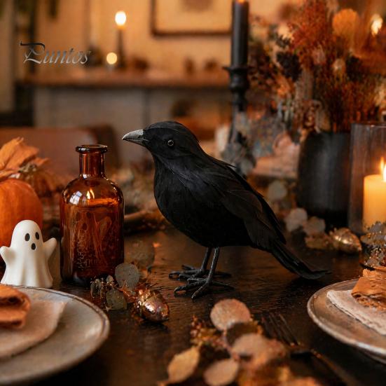 Scary Outdoor Yard Decor Realistic Black Crow Halloween Decor, Lifelike Feathered Raven Figurine Prop Creepy Home Items for Haunted House, Artificial