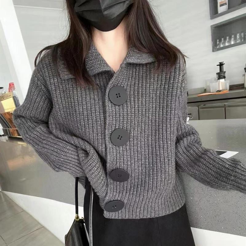 Autumn 2026 V-Neck European Style Loose Cardigan Sweater with Long Sleeves and Big Buttons for Women