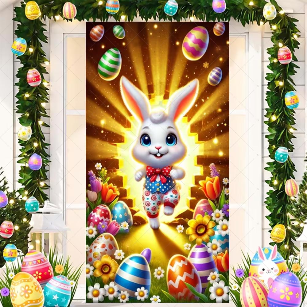 Happy Easter Cute Bunny Door Cover Backdrop Spring Garden Floral Easter Egg Background Easter Party Decoration Photo Shoot Props