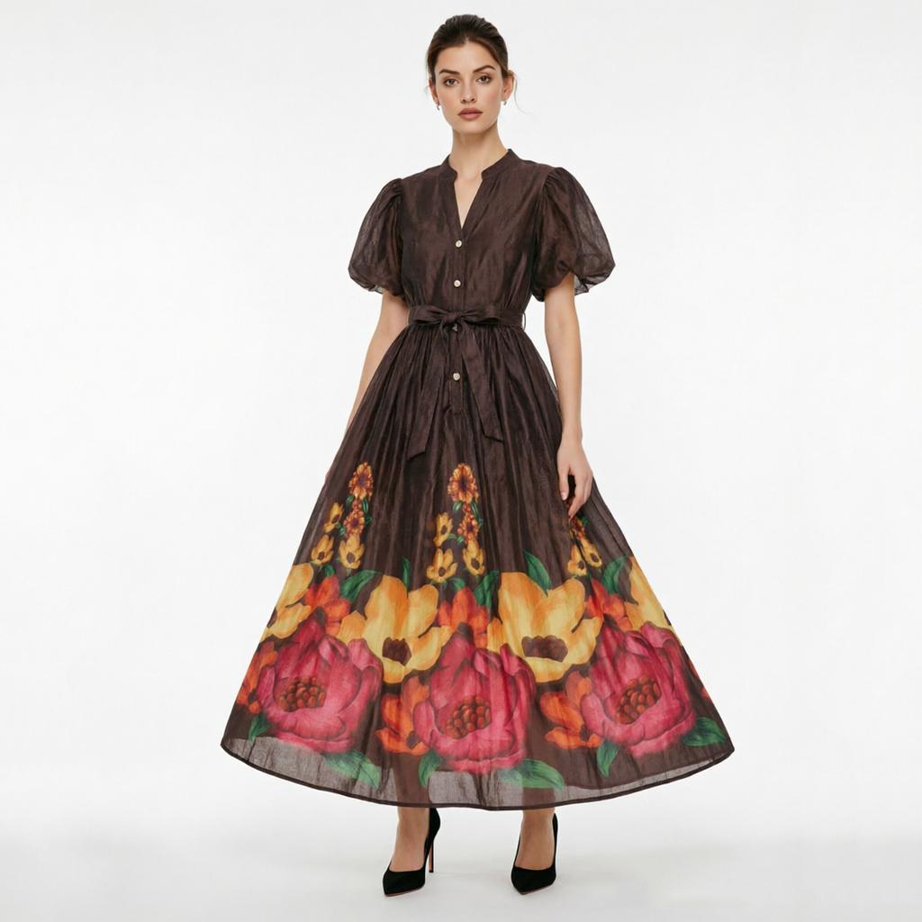 French Vintage Flower Maxi Dress Women Puff Sleeve V-Neck Elegant Floral Print High Waist Sashes A-Line Summer Beach Long Maxi Dresses