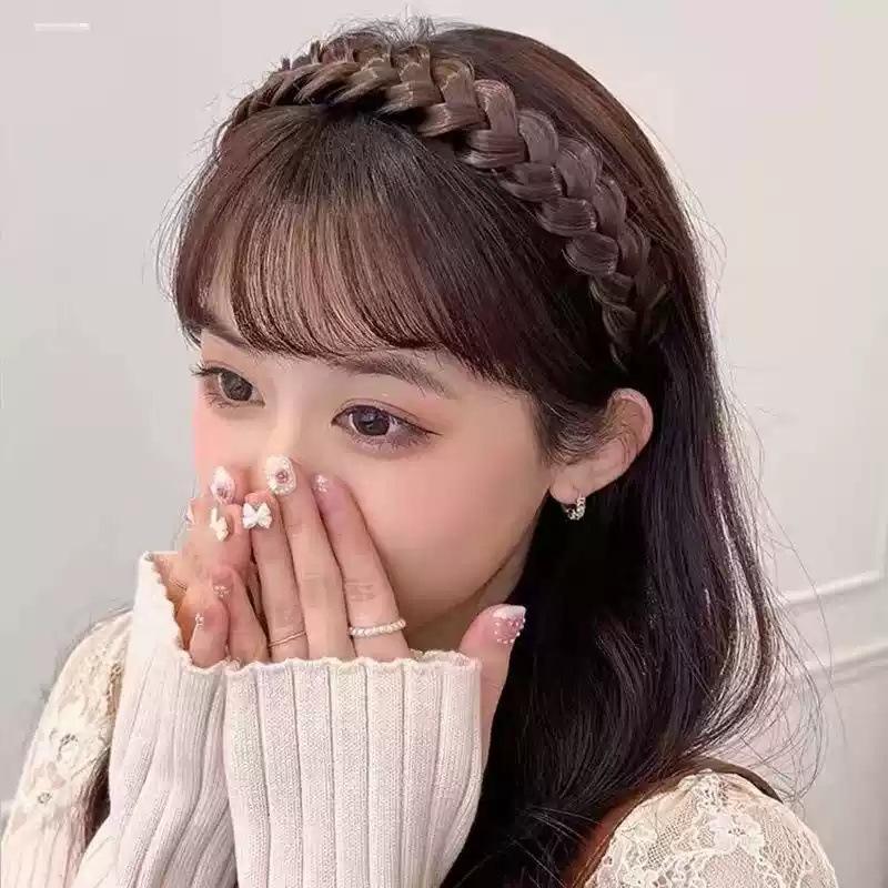 Women's Real Hair Wig with Braided Bangs, Seamless Front Hairline, Hairband To Conceal Top White Hair