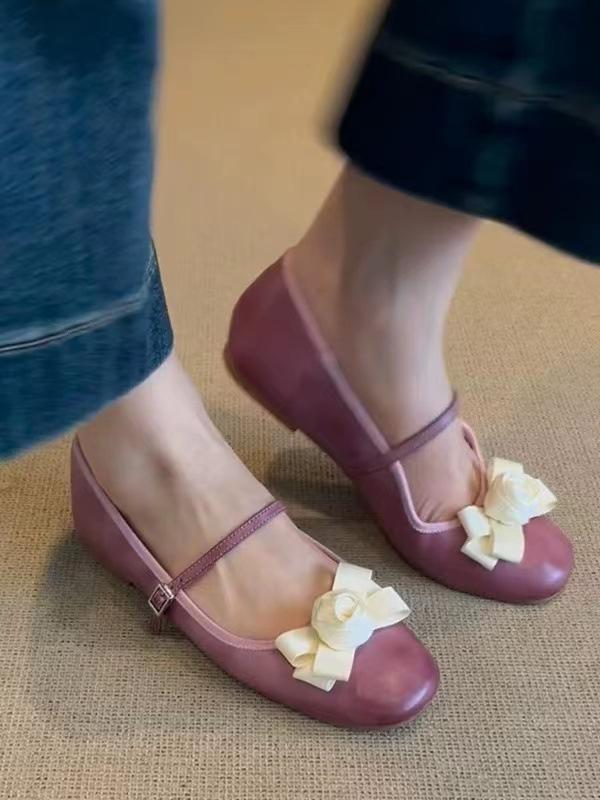 Cowhide Version~ Retro One-button Mary Jane Small Leather Shoes Women's Genuine Leather French Gentle Flat-bottomed Flower Ballet Shoes