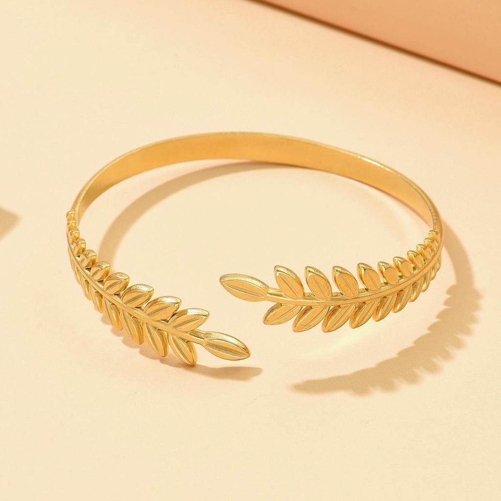 Elegant Stainless Steel Leaf Bracelet for Women - Forest Style with Versatile Wheat Ear Open Cuff Design