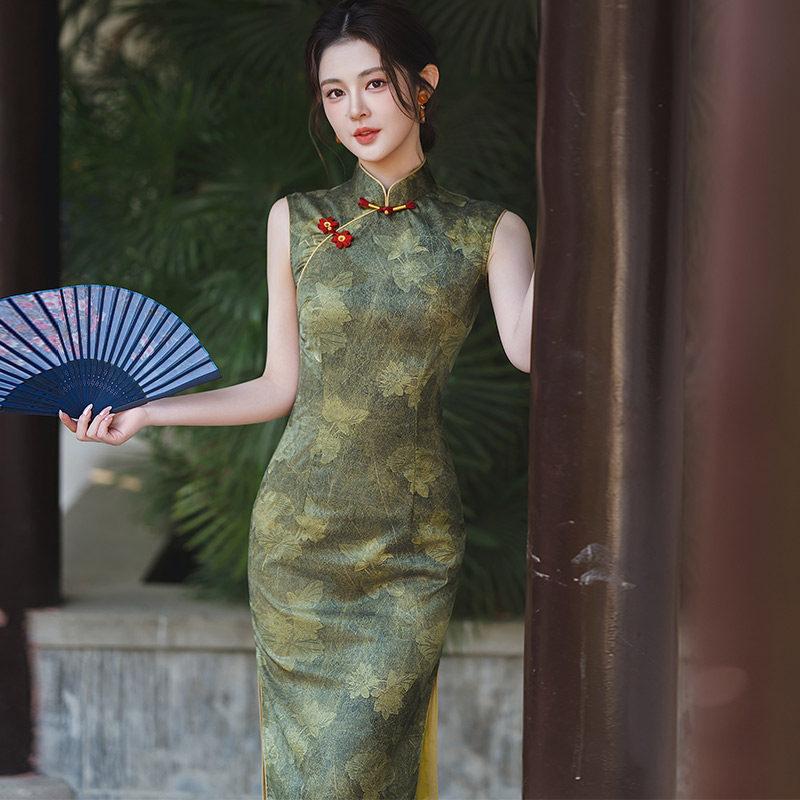 Green sleeveless national style new Chinese daily Suzhou long cheongsam improved young 1011 new women's high sense