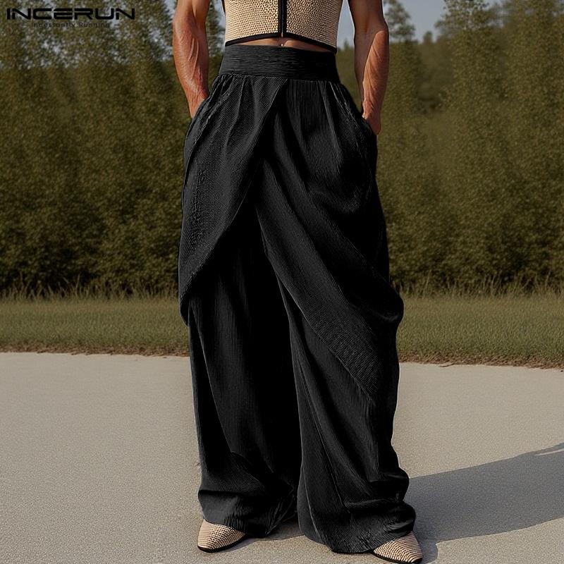 INCERUN Mens Elastic Waist Front Cross Layers Casual Loose Wide Legs Pants Long Trousers