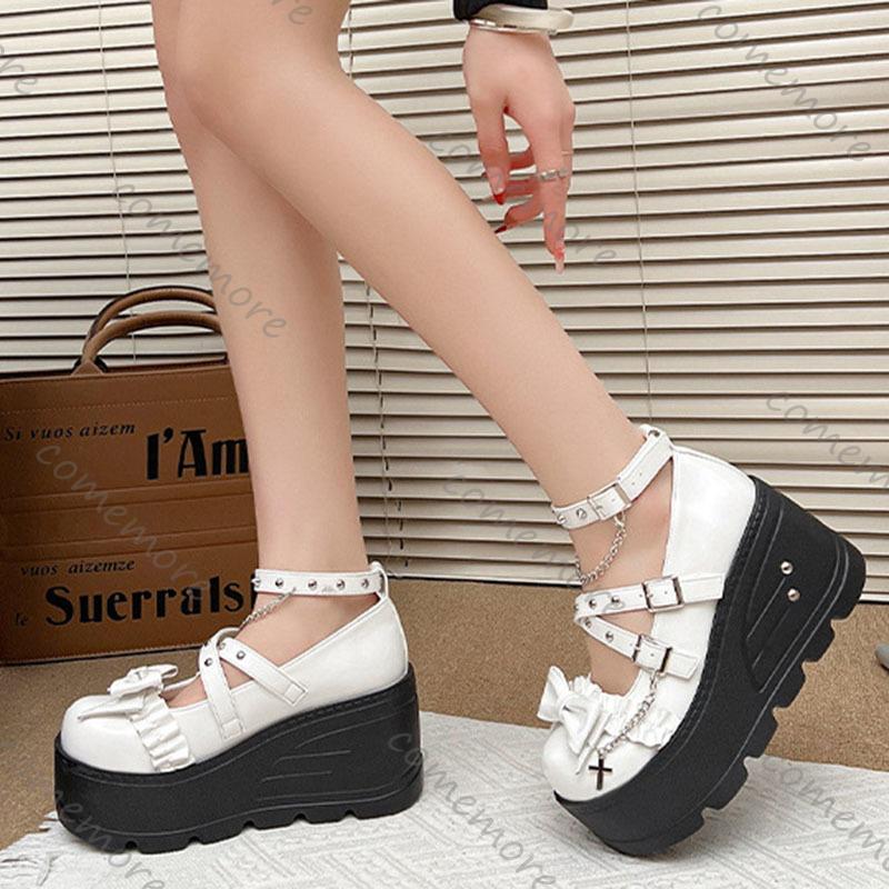 Fashion Comemore Japanese Jk Uniform Mary Jane Shoes Large Size Women Wedges High Heels Leather Pumps for Women Punk Style Single Shoes
