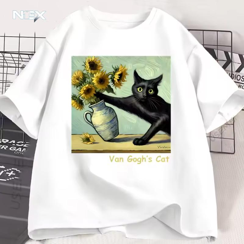 Van Gogh's Cat Art Print T Shirt Funny Graphci T Shirts Cotton Trendy Summer Loose Short Sleeved T-shirt Men Women Harajuku Top