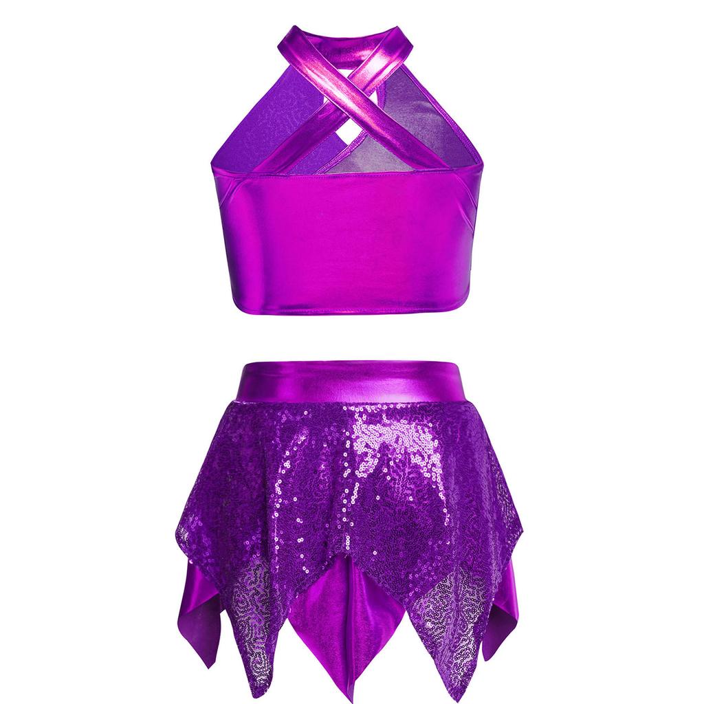 Mädchen Jazz Tanzkostüm Überkreuztes Schlüsselloch Glänzende Pailletten Metallic Crop Top Asymmetrischer Rock Performance Outfit
