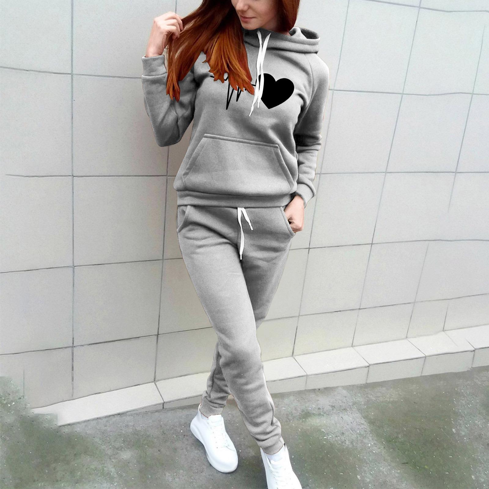 

Женский комплект худи и спортивных штанов с принтом сердцебиения - Весенне-осенняя мода, повседневная спортивная одежда XL