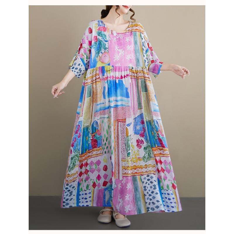DIMANAF New 2026 Summer Beach Women Plus Size Fashion Lady Long Dress Loose Oversize Maxi Floral Print Cotton