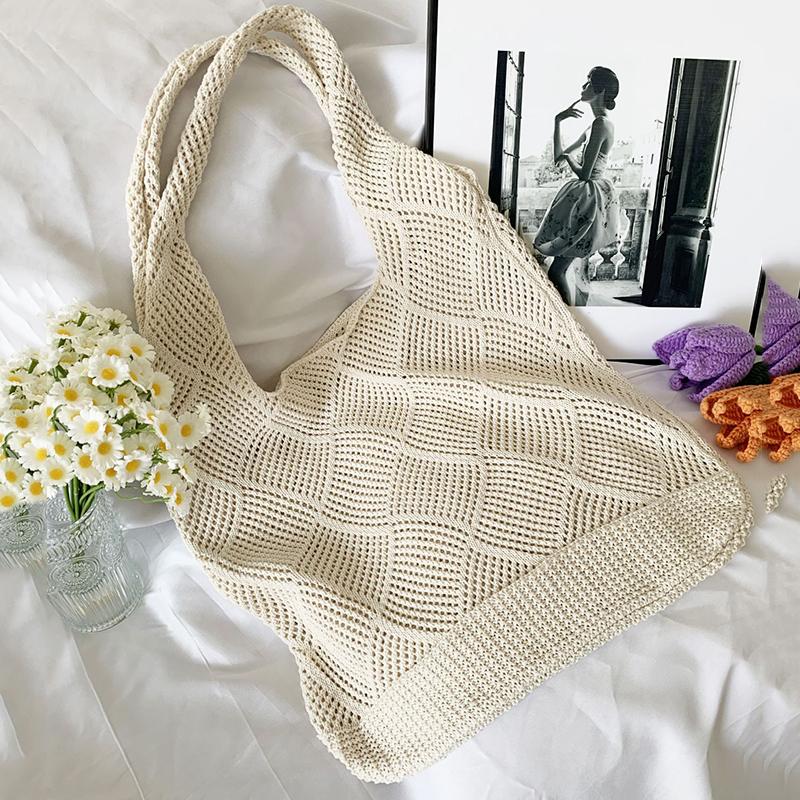 Handwoven Beach Crochet Bag for Women Lightweight Knitted Tote Handbag Summer Shopping Travel Shoulder Purse