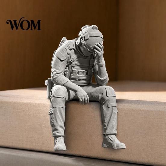 Tactical Equipment Sculpture 3D Printed Soldier Figurine Ornament, Sitting Statue, Desk Accessory Funny Tired for Table Shelf Edge Decor Miniature