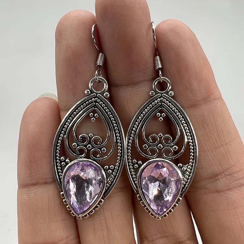 Vintage Hollowed Hand Carved Purple Synthetic Zirconia Dangle Earrings for Women Exquisite Gorgeous Banquet Jewelry Accessories