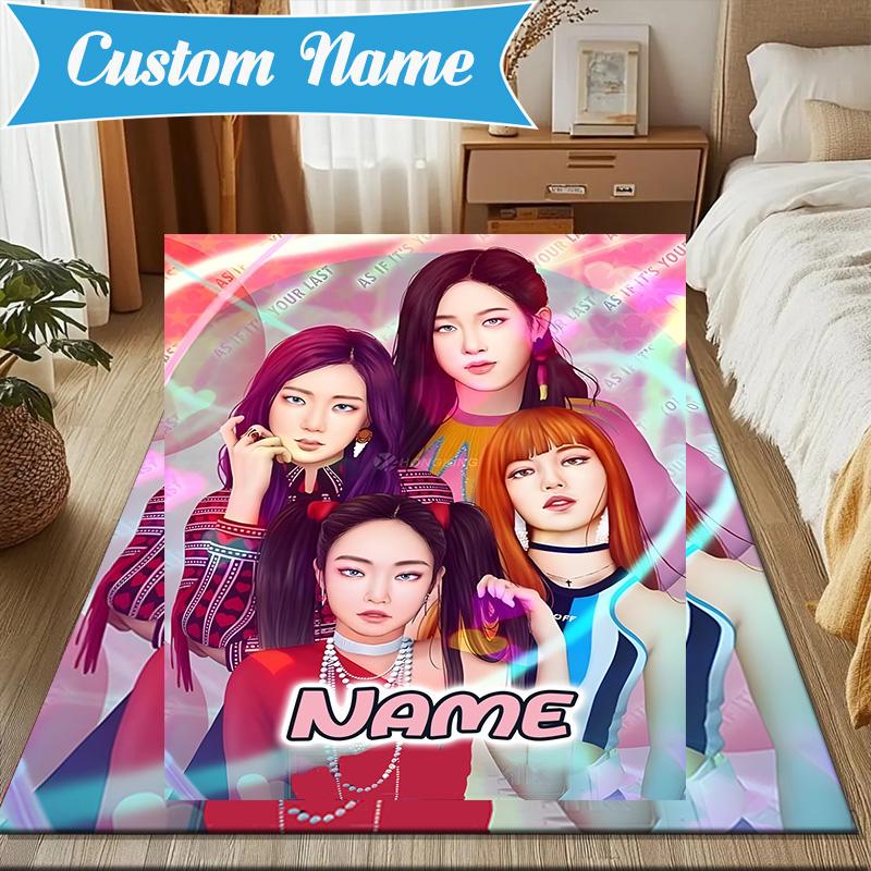 Custom Name Neon Kpop BP Rug for Living Room, Game Rooms, Office, Bedroom, Floor Mat Playful Design, fan gifts Christmas decor