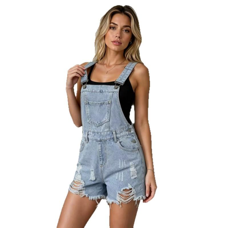 Womens Distressed Denim Overalls Shorts With Raw Hem Loose Fit Casual Wear