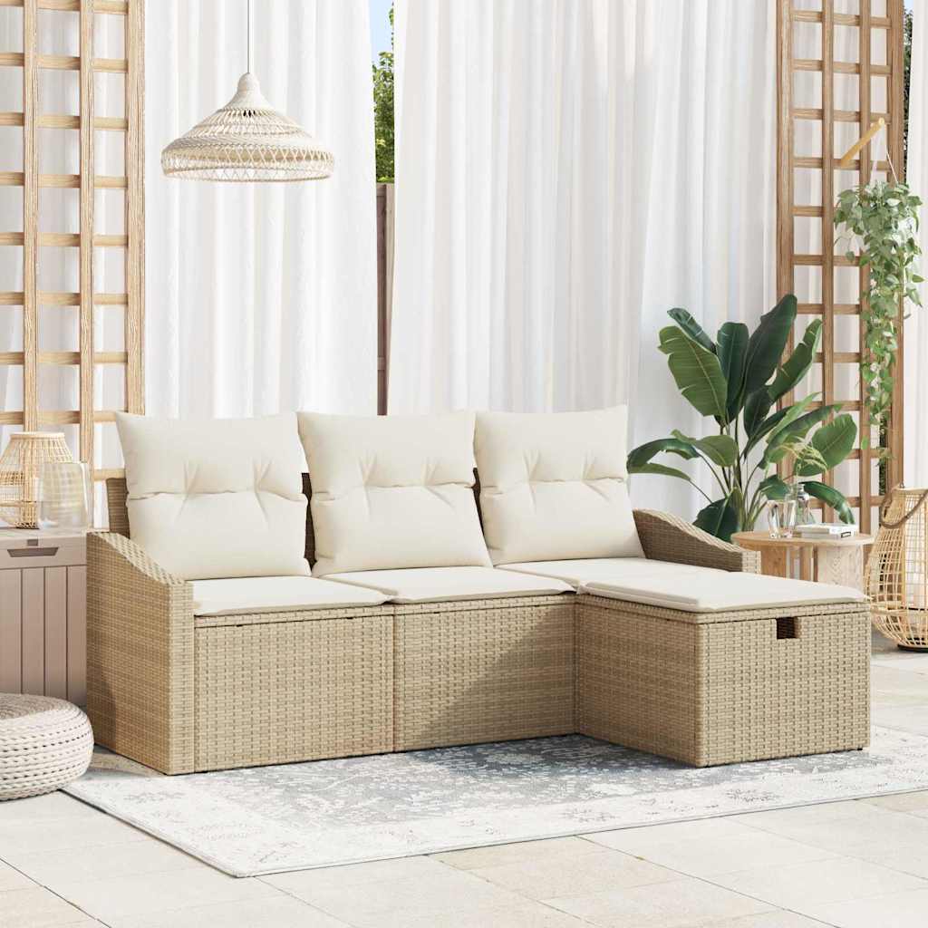Sofa Set with Cushions and Storage 4 pcs Beige Poly Rattan