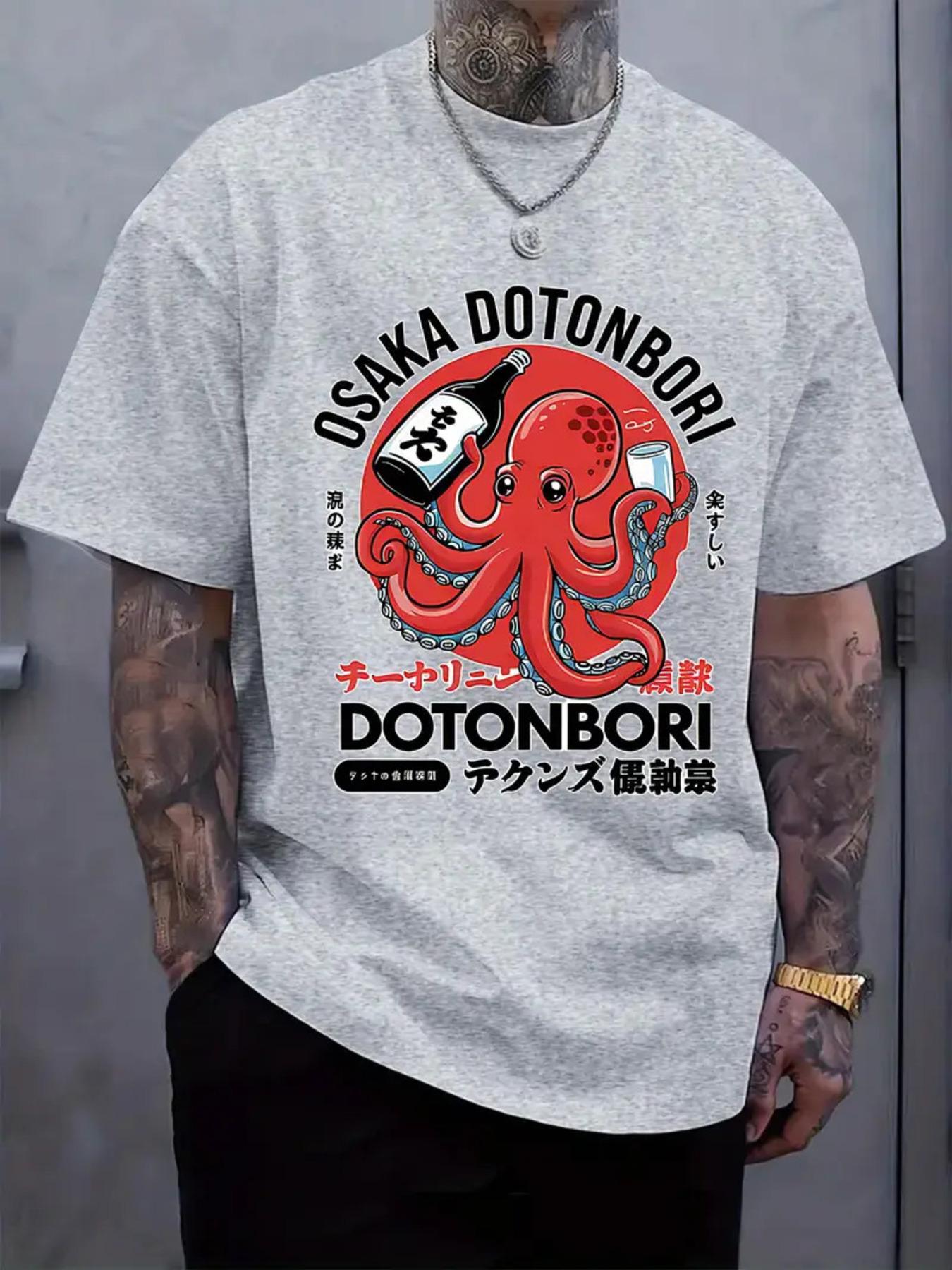 MenS Osaka Dotonbori Octopus Print TShirt Japanese Streetwear Graphic Tee with Japanese Text Osaka Dotonbori Design 4XL