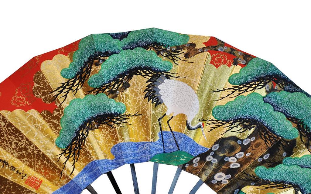 Kyoto Fan Decorative Fan with a Single Crane and Red and White Plum Comes with a Fan Stand and In a Double-sided Blossoms. Box.