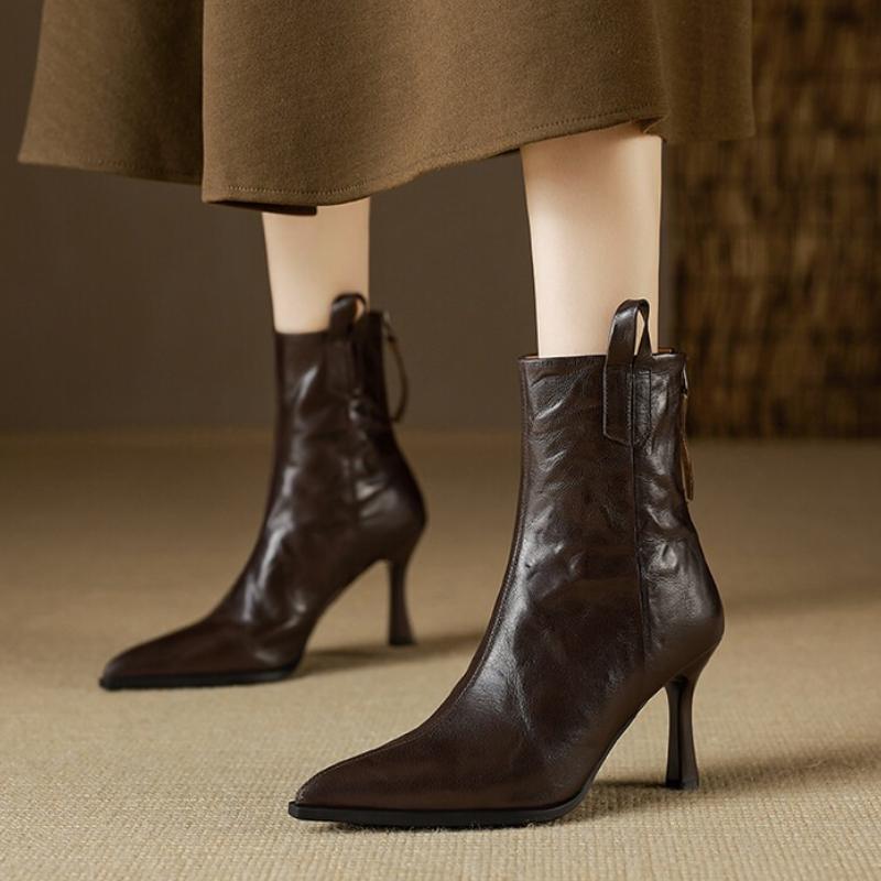 Fashion 2025 New Autumn Women Boots Genuine Leather Shoes for Women Pointed Toe Thin Heel Shoes Zip Short Boots Super High Heel Boots