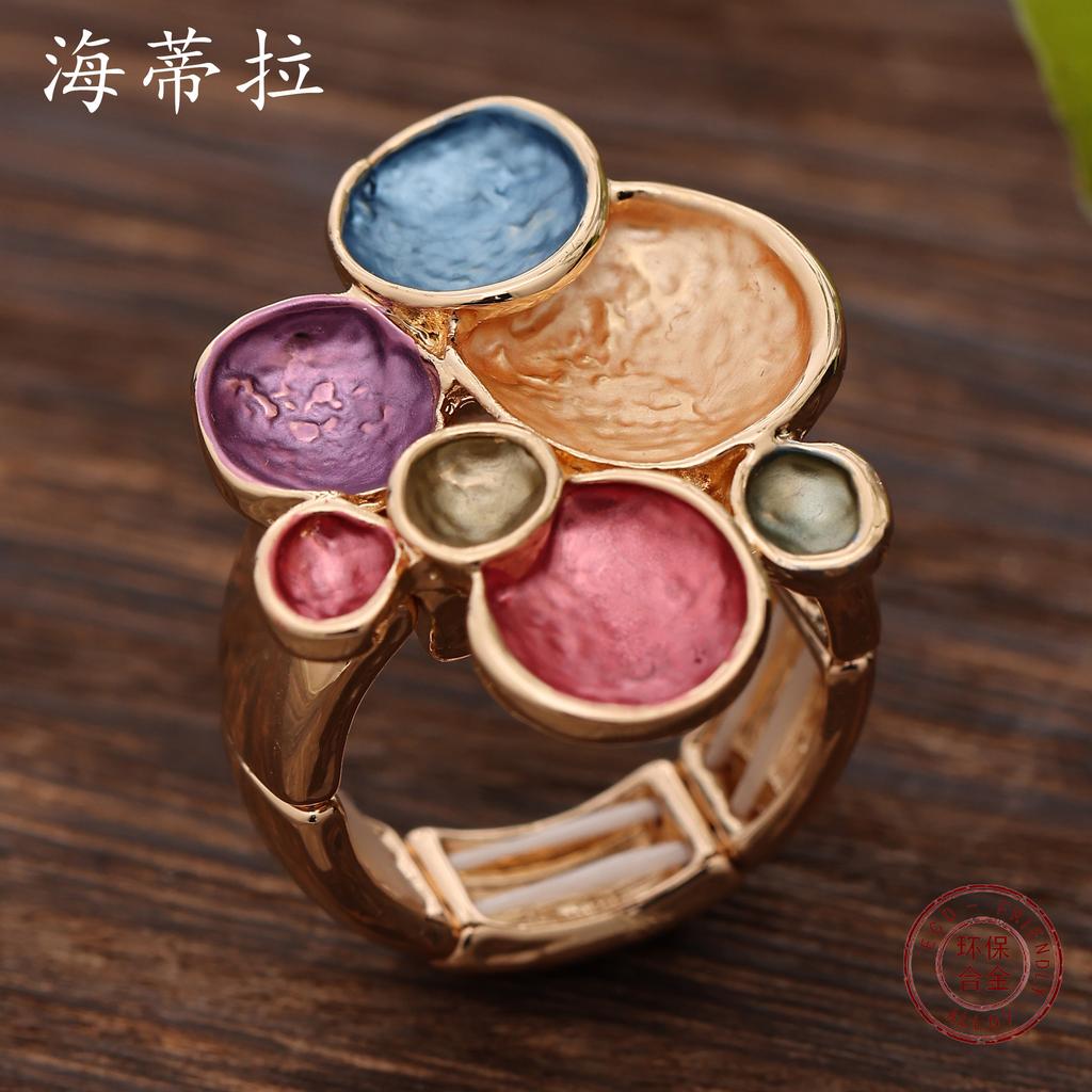 Bague fleur ronde irrégulière couleur huile nouvelle, bague élastique polyvalente simple personnalité pour femmes